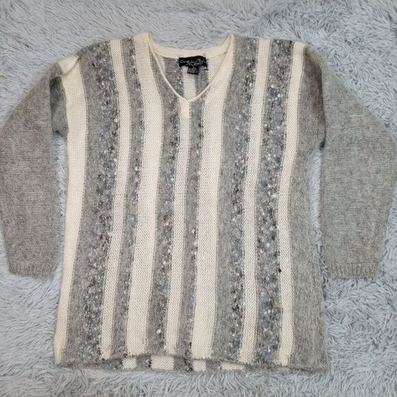 Vintage Chelsea Studio‎ Sweater Womens M Gray Striped Oversized V Neck Mohair - Picture 1 of 8